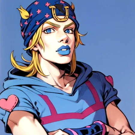 hat, (masterpiece, best quality:1.1), portrait, 1boy, (19 yrs:1.1), johnnyjojo, blue eyes, solo, blonde hair, blue lips, simple background, halfbody <lora:johnnyJoestarLora_v4:1.1> <lora:TESTArakiHirohikoArt_v2:0.9> arakistyle artstyle, manga