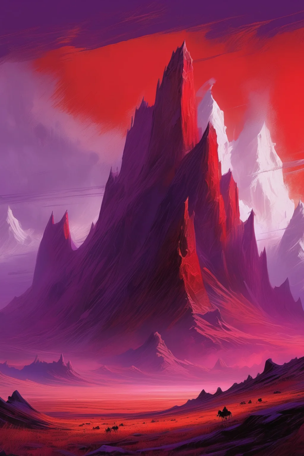 <lora:Noah Bradley Style:1>Noah Bradley Style - a mountain with hills surrounding it, in the style of charlie bowater, carl barks, luminous brushwork, cowboy imagery, red and purple, alex andreev, large brushstrokes/loose brushwork