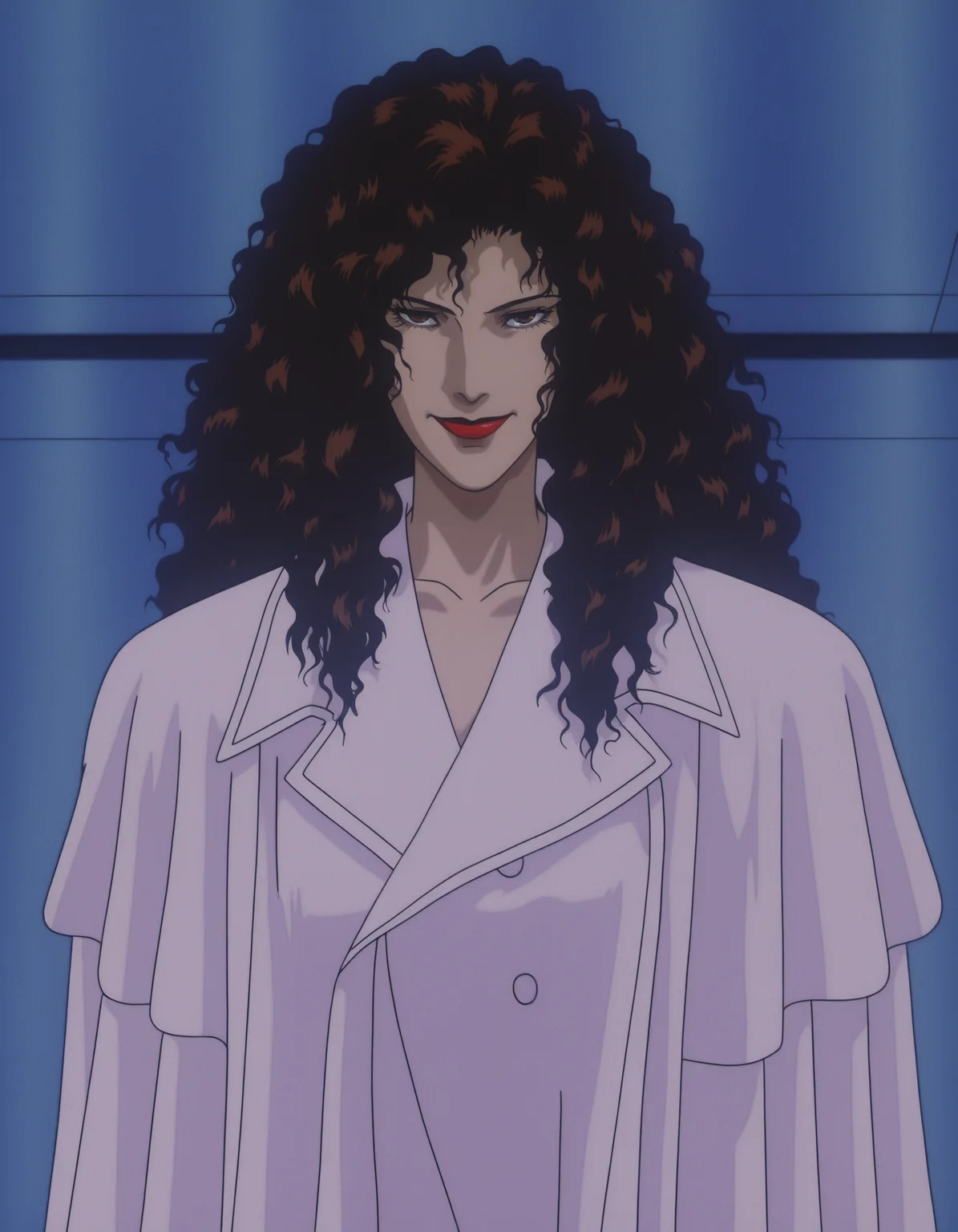 highly detailed, best quality, masterpiece, science fiction, anime screenshot,
solo, long hair, 1girl, brown hair, robe, looking at viewer, makeup, lipstick, curly hair, wavy hair, brown eyes, coat, smile, collarbone, <lora:Cyber City Oedo 808 Illustrious 0.1:0.8>