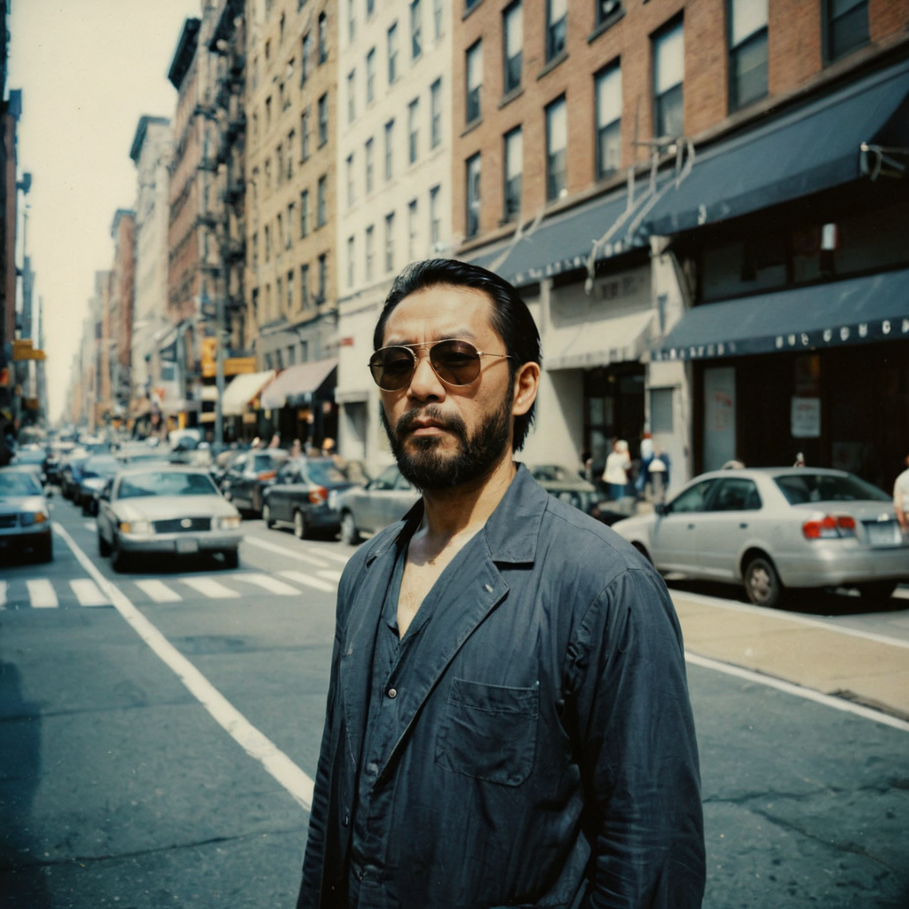 polaroid film photography, faded film, soft focus, bearded japanese man wearing round sunglasses, standing in empty new york city street