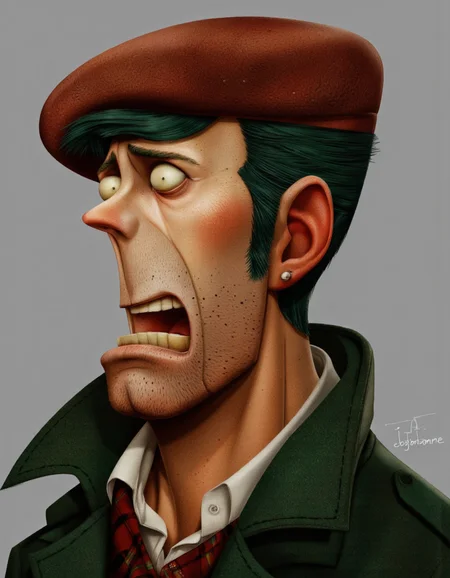 Art by Jean-Baptiste Vendamme. A digital illustration shoot from a frontal camera angle about a stylized cartoon character with a distressed expression, wearing a green coat and a red beret, set against a plain grey background. the image also shows text in the bottom right corner that reads "jbendamme". on the middle of the image, a man appears to be in his mid-twenties, with a muscular build and a wide, expressive face. he has short, dark green hair and large, round, yellow eyes. his facial expression is one of anger, with his mouth open and teeth visible. he is wearing a brown beret and a green jacket with a red and green plaid pattern.
