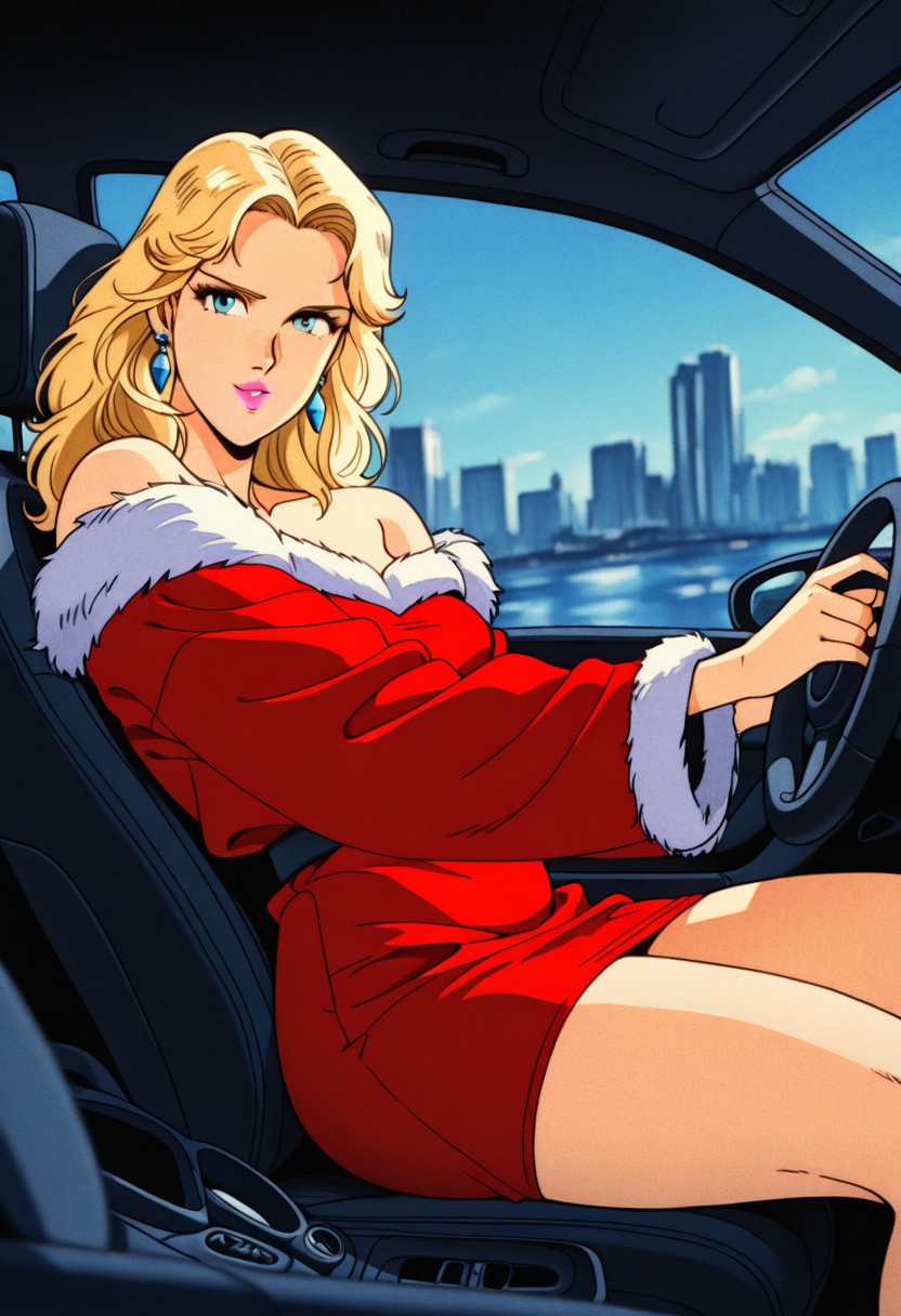 PerrineValleyMB, 1girl, solo, long hair, blonde hair, blue eyes, nose, eyelashes, pink lips, makeup, earrings,  collarbone, large breast, thick thighs, short red dress, fluffy white fur trim, fur cuffs, off-shoulder, shoes, high heels,
,seductive pose, sexy pose, tease, 
masterpiece, best quality, ultra-detailed, very aesthetic, detailed background, very aesthetic, newest, scenery, highres, 4k, absurdres, 8k, colorful,vibrant, glowing, perfect face, 2d, perfect eyes, detailed eyes, 
 masterpiece, best quality, ultra-detailed, very aesthetic, newest, scenery, absurdres, perfect anatomy, , perfect face, perfect eyes, mature body, clear eyes, beautiful eyes, athletic, curvy body, athletic girl, perky tits, perfect tits, round breasts, pinup pose, teasing, lustful expression,
muscular female, dutch angle,
car interior, car seat, seatbelt, steering wheel, driving, cinematic angle, 
,detailed eyes,Smooth Negative, highres, absurdres,   uncensored, retro_artstyle, retro, cyberpunk