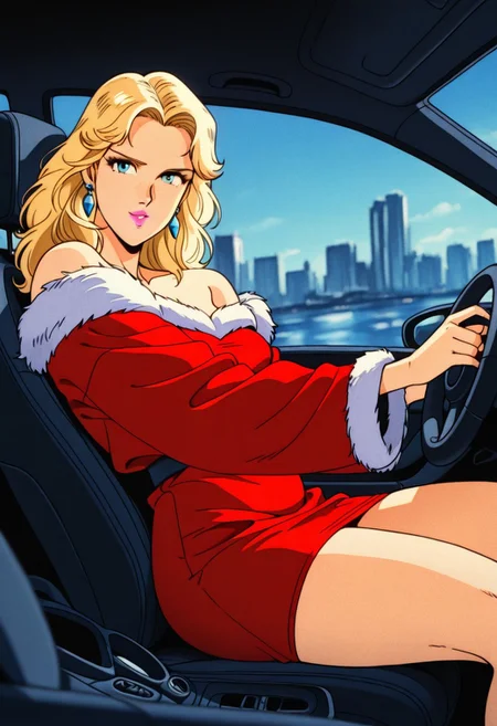 PerrineValleyMB, 1girl, solo, long hair, blonde hair, blue eyes, nose, eyelashes, pink lips, makeup, earrings, collarbone, large breast, thick thighs, short red dress, fluffy white fur trim, fur cuffs, off-shoulder, shoes, high heels,
,seductive pose, sexy pose, tease,
masterpiece, best quality, ultra-detailed, very aesthetic, detailed background, very aesthetic, newest, scenery, highres, 4k, absurdres, 8k, colorful,vibrant, glowing, perfect face, 2d, perfect eyes, detailed eyes,
masterpiece, best quality, ultra-detailed, very aesthetic, newest, scenery, absurdres, perfect anatomy, , perfect face, perfect eyes, mature body, clear eyes, beautiful eyes, athletic, curvy body, athletic girl, perky tits, perfect tits, round breasts, pinup pose, teasing, lustful expression,
muscular female, dutch angle,
car interior, car seat, seatbelt, steering wheel, driving, cinematic angle,
,detailed eyes,Smooth Negative, highres, absurdres, uncensored, retro_artstyle, retro, cyberpunk