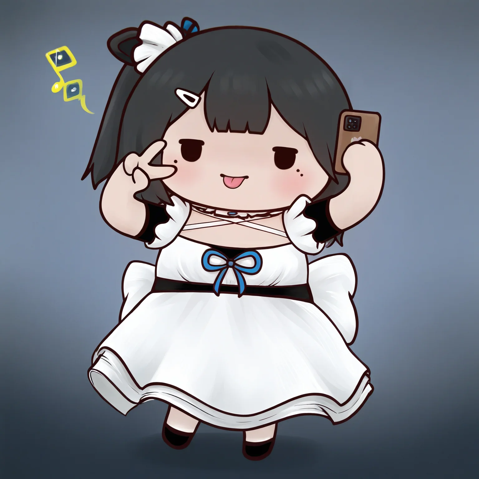 safe, masterpiece, best quality, phdpigeon, 1girl, solo, liverpool, maid uniform, holding phone, v sign, hairclip, tongue out, full body, dot eyes
<lora:Liverpool_NAIXL_v10:1>