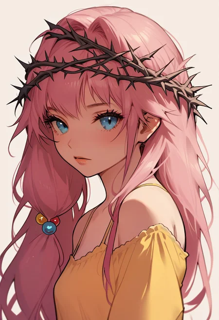 score_9, score_8_up, score_7_up, score_6_up, score_5_up, 1girl, (crown of thorns), simple background, yellow sundress, pink hair, blue eyes, hair bobbles, twintails, long hair, small breasts