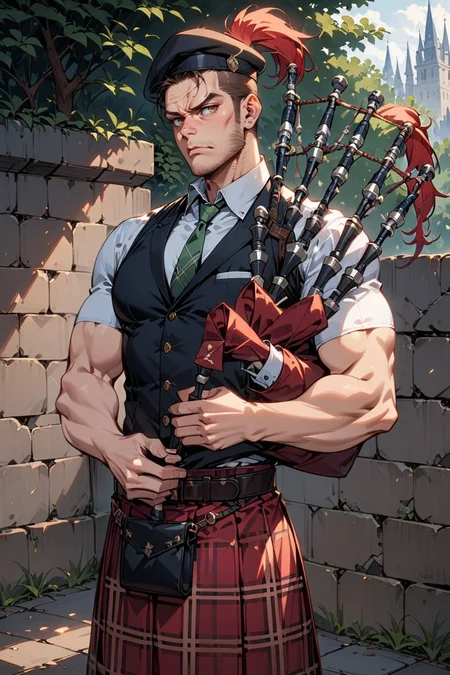 ultra-detailed,(best quality),((masterpiece)),(highres),original,extremely detailed 8K wallpaper,(an extremely delicate and beautiful), perfect,very aesthetic, absurdres,BREAK
1 lerge guy, solo ,serious,(guy playing bgpps),muscler, pectorals ,messy dark brown hair,very short cut,full forehead,thick eyebrows,narrowed_eyes ,long_sideburns,
gold trimed sleeveless_black jacket,short sleeve white collared_shirt,(plaid skirt:1.4),green loose necktie,black beret,plume,leather belt,belt buckle,white socks,bagpipes,
catsle,outdoor,cowboy shot,soft lighting,
 <lora:Bagpipes_-_Instrument_SDXL:1>, <lora:aesthetic_anime_v1s:0.8> ,