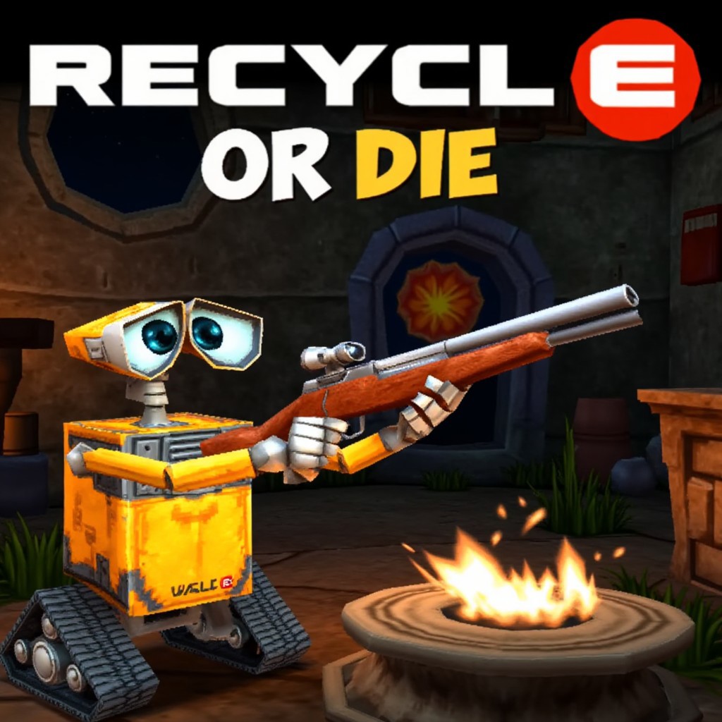 ps1style, title screen for a game with the title "Recycle or Die". Wall-E is aiming a shotgun at the viewer.