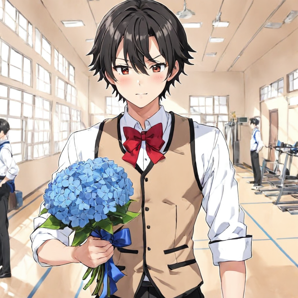 <lora:UniformLoraXL-000005:1>,(mhuni34_clothes:1.05),1boy,black hair,short hair,school gym,indoors,holding blue flower,masterpiece,high quality,detailed,[red bow],anime,solo,male focus