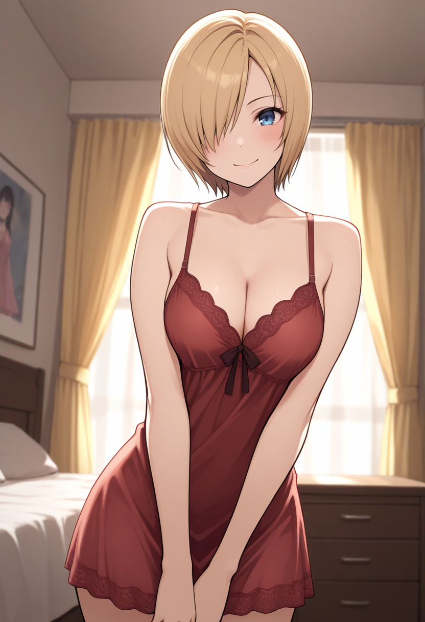 masterpiece, best quality, 1girl, solo, looking at viewer, cowboy shot, bedroom, smile, assertive female, arms folded
<lora:zs_AlyssaILLU:1> a1yssareoutbreak, blonde hair, short hair, hair over one eye, red negligee