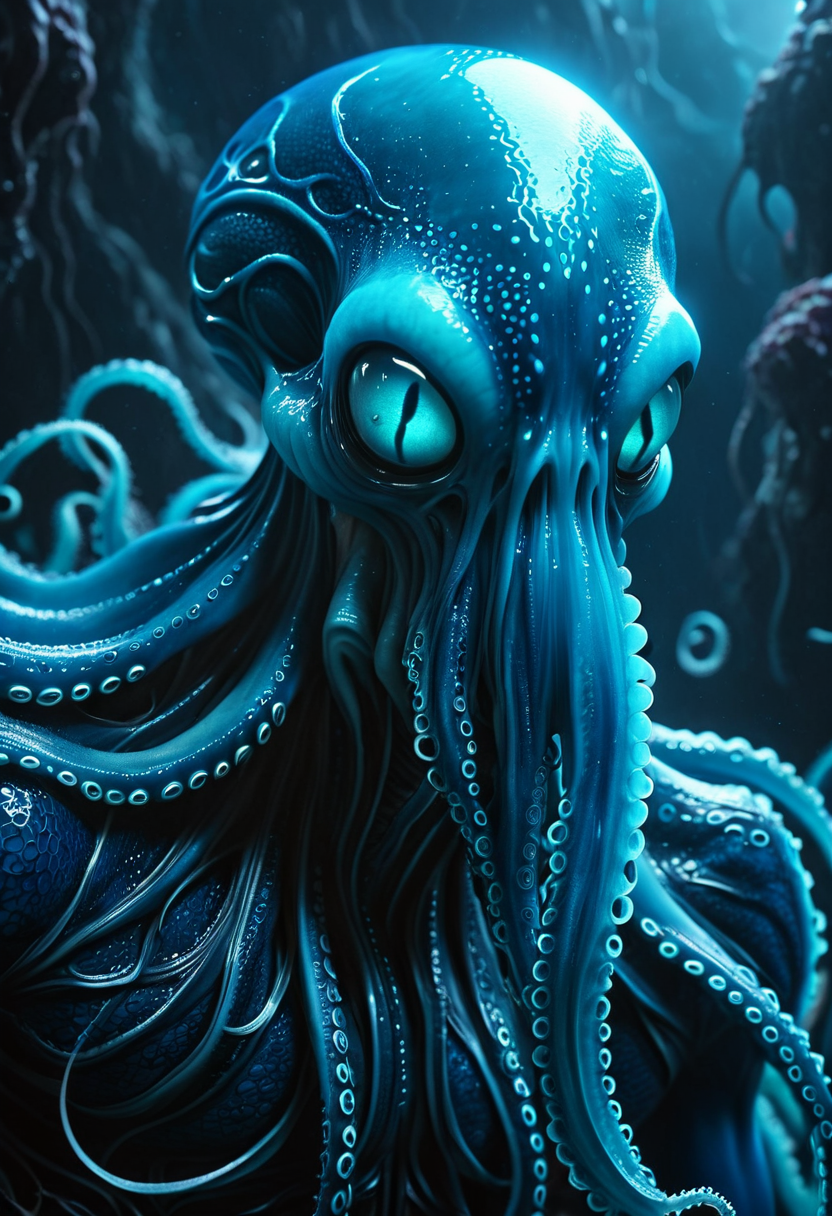 arcane and unsettling, close-up shot emphasizing tentacled face, deep blue bioluminescent glow, head tilted unnaturally, sensing thoughts, misty, otherworldly void, tentacled face, dark, leathery skin, elongated cranium, slender, alien physique, four long tentacles extending from mouth fantasy_random_lora, realistic, uhd, 8k, masterpiece, intricately detailed, cinematic, best quality, absurd resolution, fantasy art, fantasy race concept, artfully_mindflayer,  <lora:artfully_MINDFLAYER_SDXL:0.8>