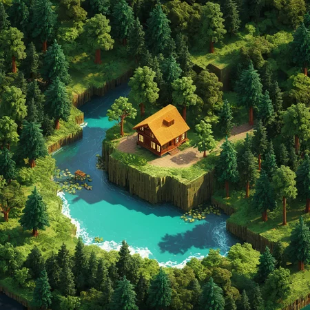 isometric style small cabin, forest, river, tilemapstyle, voxell, tile, scenery, <lora:TileMapStyle_v1:0.85> . vibrant, beautiful, crisp, detailed, ultra detailed, intricate