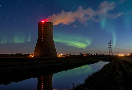 d1g1cam, Cooling tower, nighttime, industrial setting, large cylindrical structure illuminated by orange lights, red warning lights at the top, steam billowing upwards, dark blue sky with lots of stars and aurora, reflection in still water below, surrounding industrial landscape, power lines and pylons to the right, scattered faintly lit buildings in the distance, clear and sharp image quality, long exposure, tranquility, calm atmosphere