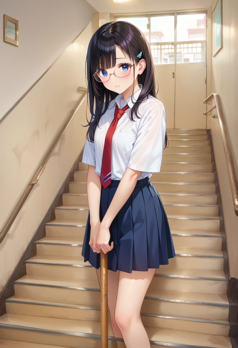 score_9, score_8_up, score_7_up, rating_safe, masterpiece, best quality, absurdres, unity 8k wallpaper, official art, official style, source_anime, uncensored, game cg, megami magazine,
1girl, solo, glasses, black hair, long hair, blue eyes, collared shirt, red necktie, pleated skirt, blue skirt, looking at viewer, blush,
kaidan, stairs, window, indoors, scenery, door, ceiling light, hallway, railing, realistic, photo background, photo (medium)
 <lora:gakkou_kaidan_PONY_V2:1>