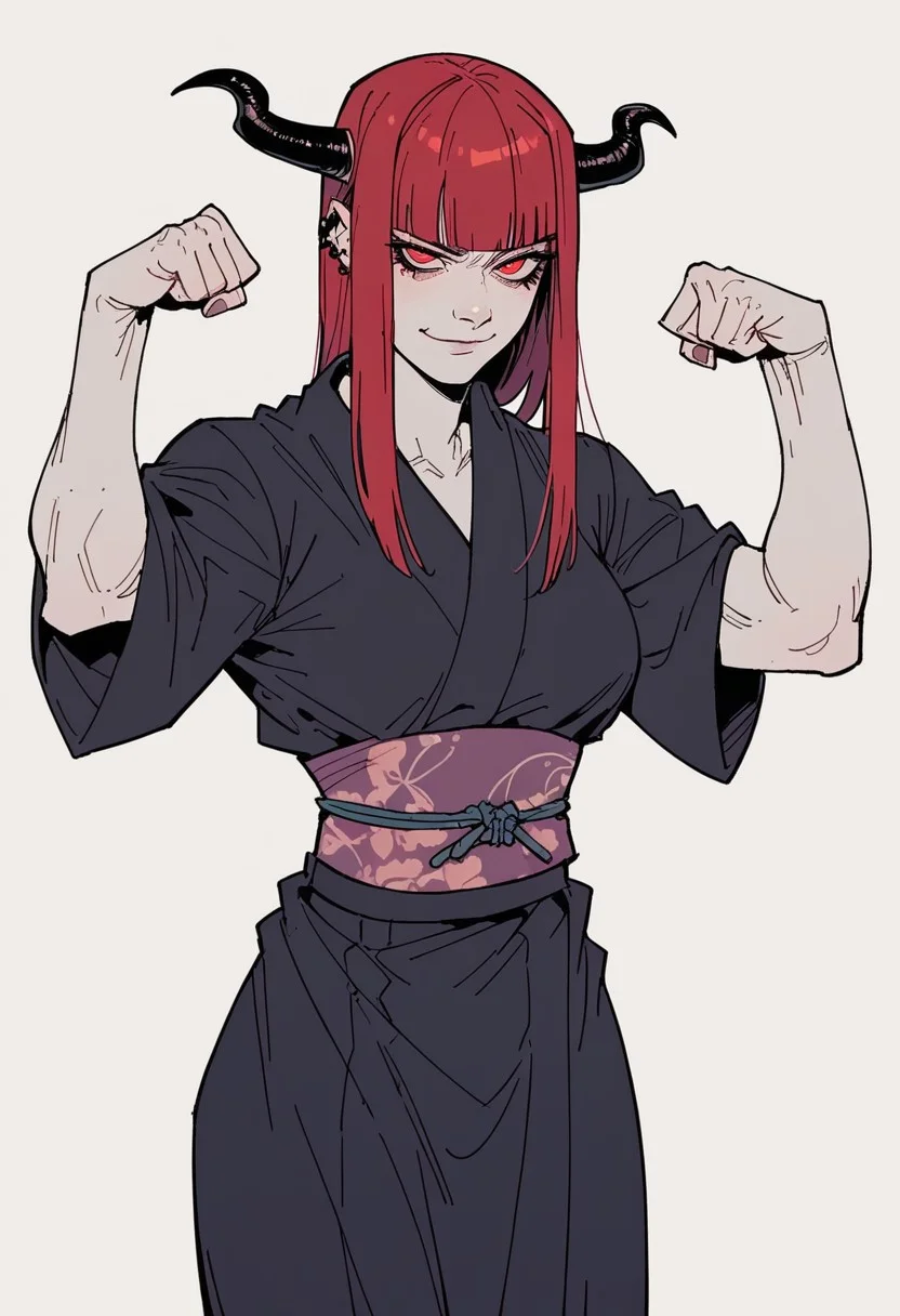 score_9, score_8_up, score_7_up, detail1eye, 1 character, solo, solo focus, cowboy-shot, BREAK, (((1 girl, asian, asian woman, asian female, japanese clothing, kimono, red eyes, goth, goth girl, demon girl, horns, smug, white skin, white colored skin, hime, hime cut, long hair, red hair, pale, pale skin, muscular, muscular woman, flexing, flexing musculres, raised arms,))