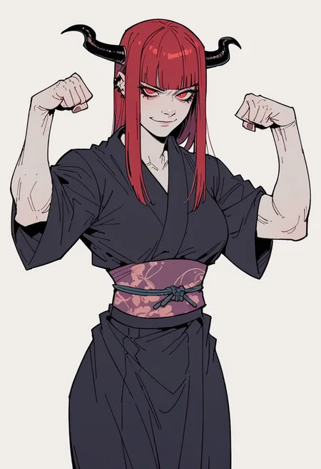 score_9, score_8_up, score_7_up, detail1eye, 1 character, solo, solo focus, cowboy-shot, BREAK, (((1 girl, asian, asian woman, asian female, japanese clothing, kimono, red eyes, goth, goth girl, demon girl, horns, smug, white skin, white colored skin, hime, hime cut, long hair, red hair, pale, pale skin, muscular, muscular woman, flexing, flexing musculres, raised arms,))