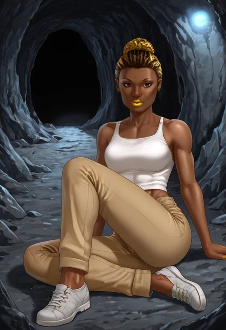 score_9_up, score_8_up, score_7_up, (high quality:2.0), 1woman(african american woman, brown eyes, dark brown skin, muscular woman, curvy, athletic woman, yellow lipstick Jiggawatt, Azarin, white top, khaki pants), full body, cave interior,