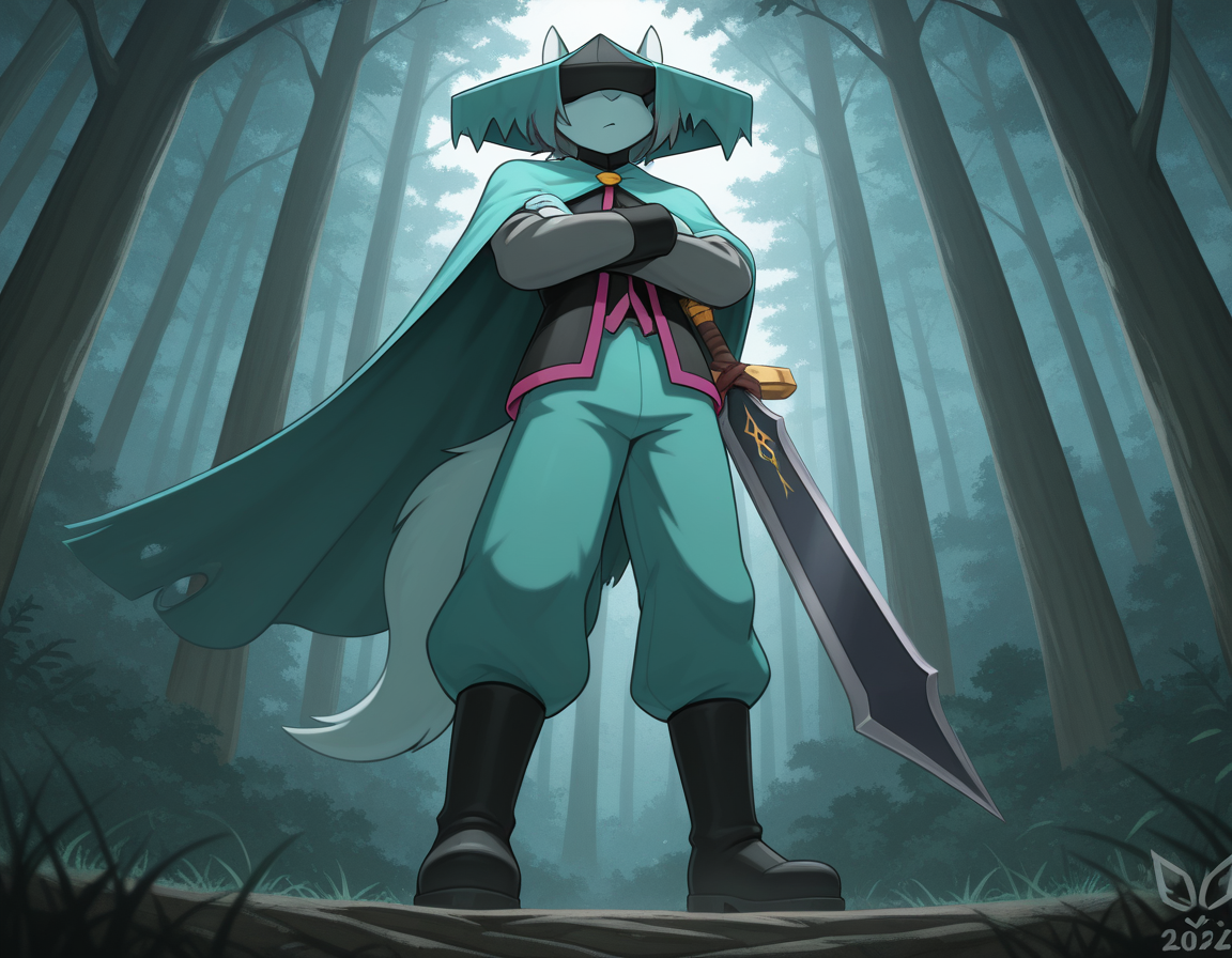 masterpiece,best quality, amazing quality, (du57aet, anthro, tail), ((male focus, 1boy, solo)), male, from below, hat over eyes, hat, cape, vest, pants, boots, sword, arms crossed, forest background<lora:Illustrious\dust-illustrious.safetensors:1.0:1.0>