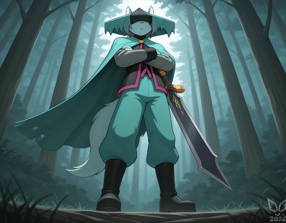 masterpiece,best quality, amazing quality, (du57aet, anthro, tail), ((male focus, 1boy, solo)), male, from below, hat over eyes, hat, cape, vest, pants, boots, sword, arms crossed, forest background<lora:Illustrious\dust-illustrious.safetensors:1.0:1.0>