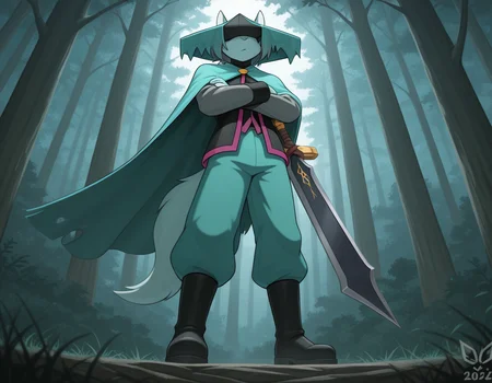 masterpiece,best quality, amazing quality, (du57aet, anthro, tail), ((male focus, 1boy, solo)), male, from below, hat over eyes, hat, cape, vest, pants, boots, sword, arms crossed, forest background<lora:Illustrious\dust-illustrious.safetensors:1.0:1.0>