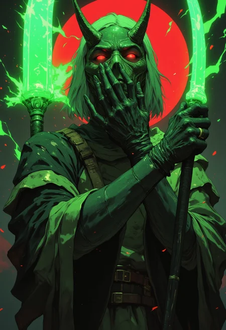 A female character with a dark, enigmatic aura. She has short, dark hair and wears a metallic, horned headpiece that covers her forehead and extends over her ears. Her eyes are glowing a vivid, neon green, adding an eerie, supernatural quality to her expression. She is holding two long, gleaming knives with glowing green blades, which she is pointing at the viewer. Her right hand is raised to her face, fingers touching her mouth, suggesting a sense of caution or intrigue. Her outfit is a mix of futuristic and traditional elements, consisting of a loose, sleeveless top with a high collar and intricate, metallic detailing. She wears fingerless gloves and several bracelets on her wrists, adding to the overall armored appearance. The background is dark with a large, circular design behind her head that resembles a stylized red sun or a glowing portal. The overall style is highly detailed and stylized, with a mix of sci-fi and fantasy elements, reminiscent of cyberpunk or anime art. The image is rich in texture and color, with a high level of detail in both the character's attire and the surrounding.
