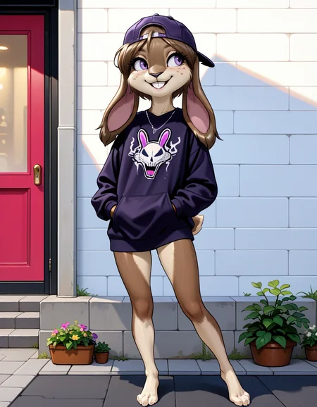 masterpiece, best quality, very aesthetic, absurdres,
outdoors, streetwear,
barefoot, full body, posing, standing,
seductive smile, parted lips, long eyelashes,
<lora:Nicole_Meadowsong_v01_NAIXL:1>
N1c013,1girl,solo,furry,furry female,rabbit girl,brown hair,backwards hat,short hair,rabbit ears,purple eyes,snout,animal nose,whiskers,buck teeth,body fur,two tone fur,brown fur,grey fur,rabbit tail,