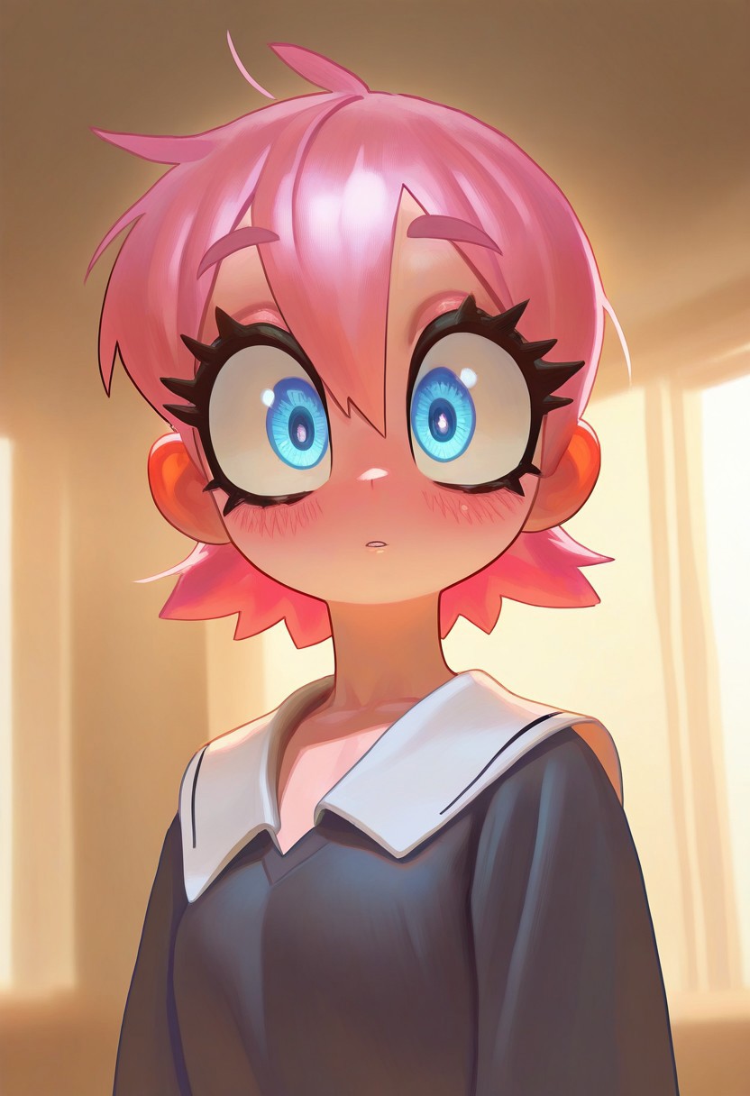 masterpiece, best quality, very aesthetic, high resolution, ultra-detailed, absurdres, newest, extremely detailed eyes, beautiful, perfect lighting, hi res, amazing quality, very awa, Brightly Lit, Highly Visible, 8k, sharp focus, beautiful, perfect lighting, volumetric lighting, scenery, painting_(artwork), ZolicPSTL_ST, 1girl, pink hair, blue eyes, hair between eyes, parted lips, upper body, short hair, looking at viewer, white sailor collar, bangs, blush, indoors, school uniform