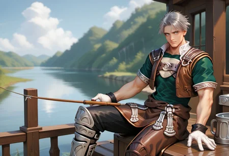 score_9, score_8_up, score_7_up, male focus, toned male, natgra2, gray eyes, short hair, silver hair, steel greaves, plated footwear, brown skirt, black pants, green shirt, brown leather vest, silver belts, white gloves, silver chest plate, morning, lake, cloudy, sitting, boat, fishing, beer, cooler, (mature face:1.2)