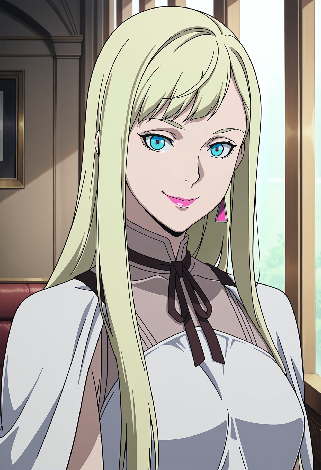 1girl,solo,Andalucia,blonde hair,long hair,blue eyes,earrings,anime coloring,
necktie,white dress,white capelet,lipstick,upper body, looking at viewer, smile,indoors
,masterpiece,best quality,amazing quality,<lora:Gigi_Andalucia-Mobile_Suit_Gundam_Hathaway:0.8>