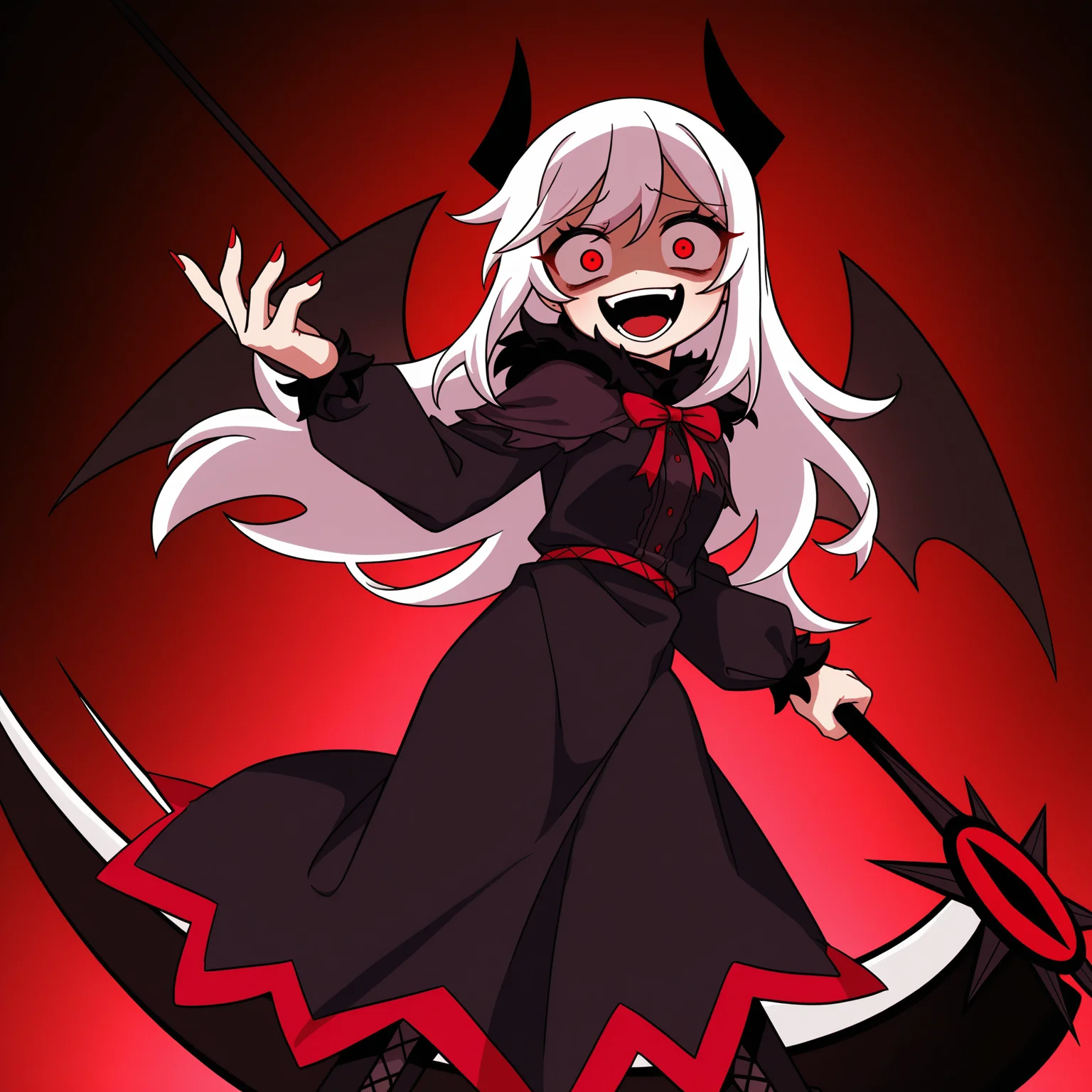masterpiece, best quality, amazing quality, anime screencap, 1girl, solo, standing, cowboy shot, looking at viewer, constricted pupils, crazy smile, open mouth, laughing, shaded face, glowing eyes, incoming attack, swinging, <lora:VareltFNF:0.9>, VareltFNF, white hair, long hair, red eyes, black horns, neck ribbon, red ribbon, red demon wings, long fingernails, red fingernails, black dress, long dress, black skirt, black boots, holding weapon, scythe
