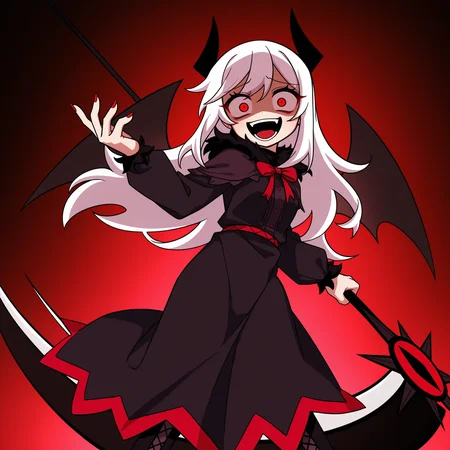masterpiece, best quality, amazing quality, anime screencap, 1girl, solo, standing, cowboy shot, looking at viewer, constricted pupils, crazy smile, open mouth, laughing, shaded face, glowing eyes, incoming attack, swinging, <lora:VareltFNF:0.9>, VareltFNF, white hair, long hair, red eyes, black horns, neck ribbon, red ribbon, red demon wings, long fingernails, red fingernails, black dress, long dress, black skirt, black boots, holding weapon, scythe