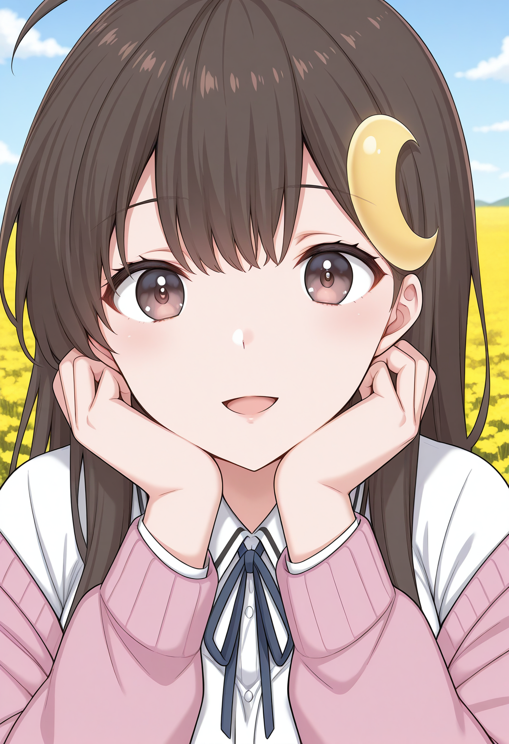 1girl, solo, (field:1.2), (blue sky:1.2), looking at viewer, 
fujino_mitsuki, brown eyes, brown hair, long hair, ahoge, crescent hair ornament, neck ribbon, long sleeves, pink cardigan, collared shirt, white shirt, open clothes, <lora:fujino_mitsuki_illustrious_ver1:0.8> 
smile, open mouth,, masterpiece, best quality, general,, (upper body:1.2), (close-up:1.2), (facing viewer:1.2), (open eyes:1.4), (portrait:1.2)