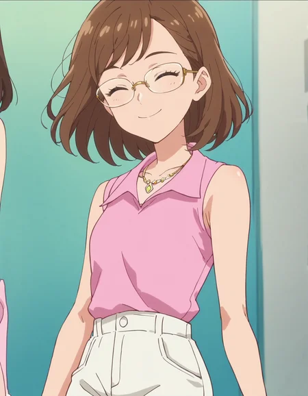 score_9, score_8_up, score_7_up, anime screencap,1girl,solo,glasses, closed eyes, brown hair, sleeveless, smile, necklace, jewelry,pink shirt,white pants, <lora:SakuragawaSaki:0.8>