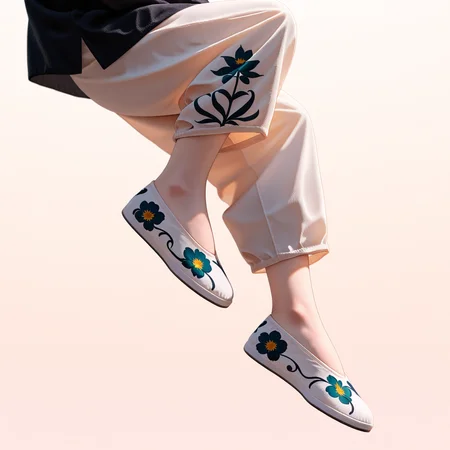 masterpiece,best quality,very awa,very as2,retro style,HDR,8K,
<lora:bflats-000008>,print white flats,no socks,floating,lower body,
white pants,footwear focus,matte skin,black very short hair,simple background,