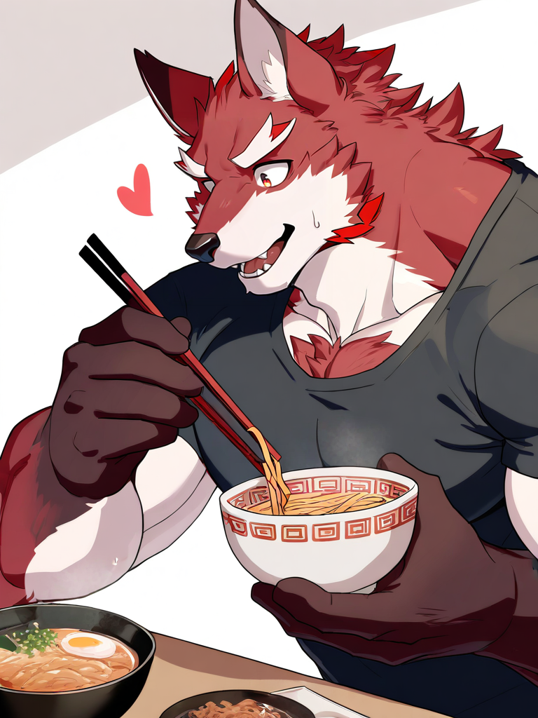 very awa,masterpiece,best quality,amazing quality,very aesthetic,highres,absurdres,
<lora:diedericholsen_v1_NoobAI-000020:1>,diedericholsen,
1boy,muscular,solo,furry,shirt,food,heart,holding,chopsticks,upper body,bowl,holding chopsticks,white background,