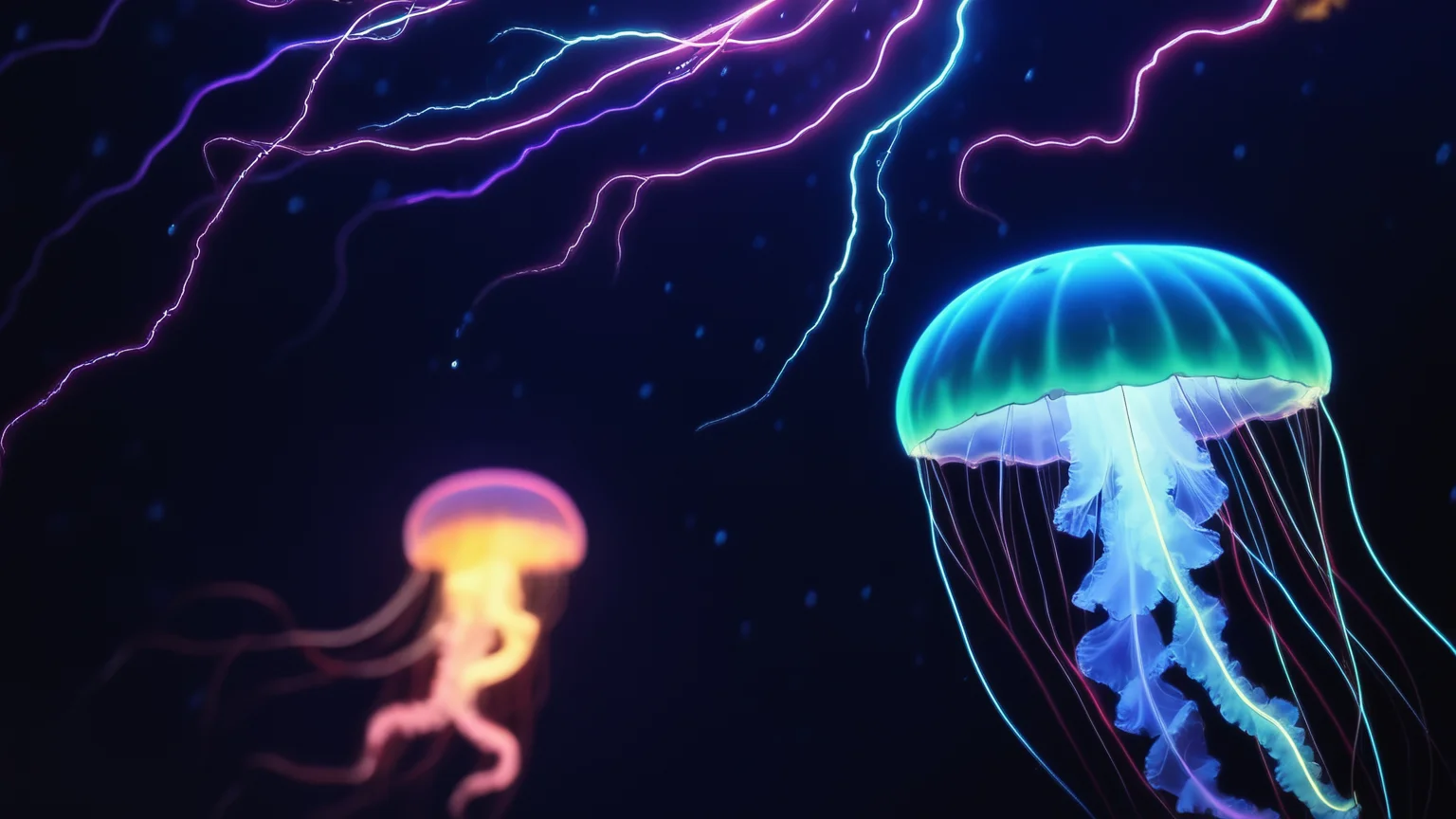 Abstract style yamer_lightning, glowing, lightning, glowing, lightning, Colorful and glowing jellyfish, night, rain, jellyfish closeup, outdoors, silhouette, electricity background, dark, horizon, night sky, science fiction, photography, underwater, <lora:Lightning:1> . Non-representational, colors and shapes, expression of feelings, imaginative, highly detailed