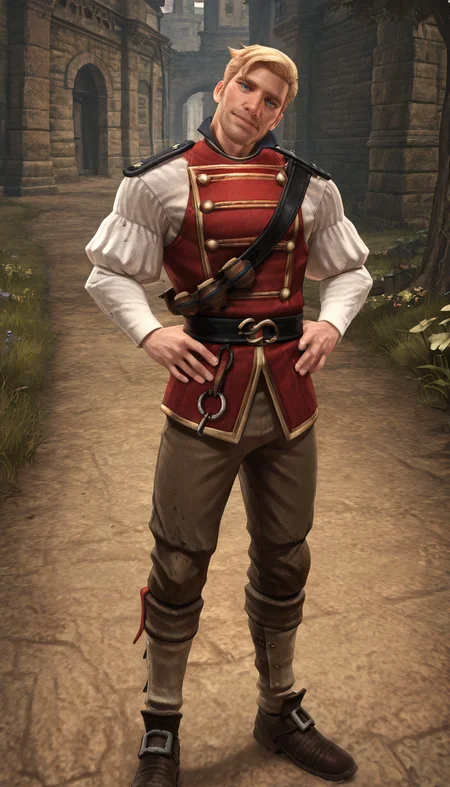masterpiece,best quality,absurdres,newest,perfect quality,best quality,absolutely eye-catching,detailed background,intricate details,male focus,solo,<lora:Fable 3 - Ben Finn - Illustrious_1-000005:0.8>,bfinn,1boy,mature male,blue eyes,blonde hair,red military uniform shirt,puffy sleeves,long sleeves,brown belt,brown pants,shin guards,brown shoes,looking at viewer,outdoors,head tilt,hands on own hips,