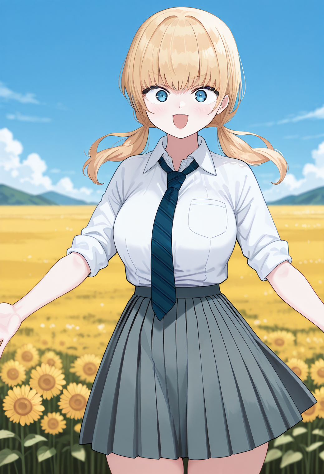 _shia, blonde hair, long hair, blue eyes, twintails, necktie, school uniform, collared shirt, pleated skirt, <lora:hoshino_shia_illustrious_ver1:0.8> 
smile, open mouth,, masterpiece, best quality, general,, 1girl, solo, (field:1.2), (blue sky:1.2), looking at viewer,, (cowboy shot, dynamic pose:1.4),