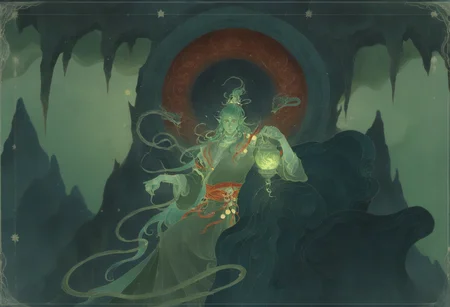 Prompt: tianguan cifu, qi rong, highres, 1boy beads, border cave, chinese clothes, color contrast, colored skin, couch fire, green background, green border, green hair, green hanfu, green skin, green theme, hair beads, hair ornament, hanfu holding, holding lantern, lantern leaning to the side, long hair, long sleeves, looking at viewer, male focus, mouse \(animal\), ornate border, pointy ears, red eyes, red trim, skull, smile, snake, solo, stalactite, star \(symbol\), upper body, very long hair, white border, whorled flames,
Negative prompt: nsfw, worst quality, old, early, low quality, lowres, signature, username, logo, bad hands, mutated hands, mammal, anthro, furry, ambiguous_form, feral, semi-anthro, bad anatomy, bad proportions, extra limbs, extra digit, extra legs, disfigured, missing arms, too many fingers, fused fingers, missing fingers, unclear eyes, watermark, nail polish, nail, multicolored nails, speech bubble, ai-generated,
Size: 1216x832,
Seed: 3224210565,
Model: noobaiXLNAIXL_epsilonPred11Version,
Steps: 30,
Sampler: ,
KSampler: euler_ancestral,
Schedule: simple,
CFG scale: 4.5,
Guidance: 3.5,
VAE: Automatic,
Denoising strength: 0.25,
Clip skip: 2,
LoRA: mythforill-000207:0.95,
Hires resize: 1824x1248,
Hires steps: 20,
Hires upscaler: 4x-AnimeSharp