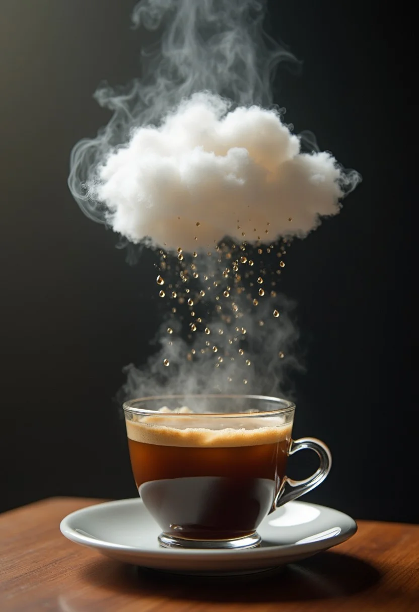 A cup of coffee where the steam forms a cloud, raining tiny droplets back into the cup, in a self-sustaining cycle.
