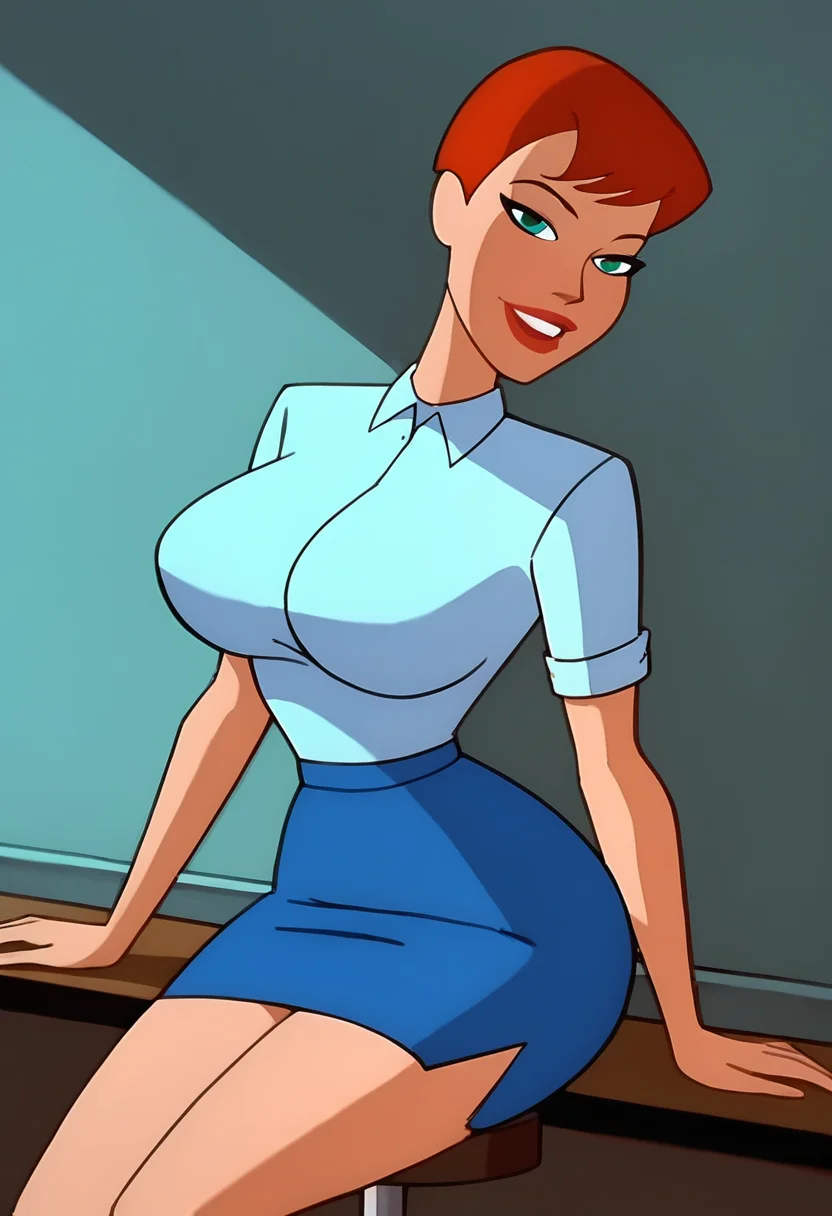score_9, score_8_up, score_7_up, score_6_up, <lora:Batman_Anim_90s_PDXL:0.9> batman90sxl, flat colors, 90s, beautiful girl leaning against a wall, sexy, erotic, fit body, huge breasts, wide hips, short hair, wears a skin-tight colorful latex collared shirt and pencil skirt, sitting on a stool,