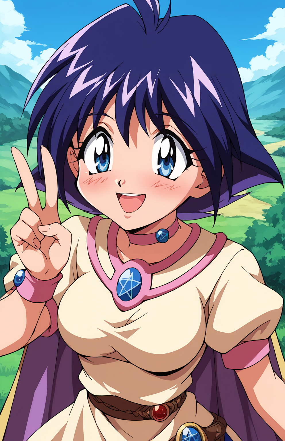 score_9,score_8_up,score_7_up,score_6_up BREAK source_anime,rating_explicit,masterpiece,best quality,detailed background,<lora:Amelia_Wil_Tesla_Saillune_Slayers_culty:0.8>,amelia,1girl,short hair,blue eyes,purple hair,retro artstyle,1990s (style),pentacle,cape,choker,short sleeves,skirt,upper body,smile,blush,outdoors,sky,face focus,big eyes,open mouth,v sign,from above,