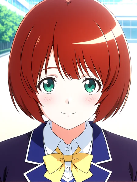 masterpiece,best quality,newest,absurdres,highres,detailed eyes,beautiful,detailed background,perfect eyes,anime coloring,anime screencap,
white background,front view,portrait,
nsfw,explicit,<lora:add-detail-xl:1>,<lora:ponyv4_noob1_2_adamW-000017:0.8>,wear clothes,
1girl,solo,smillng,looking at viewer,
<lora:IL-FumikoYanagi-TokimekiMemorial4-10:1>,il-fumiko-tokimemol4,1girl,solo,green eyes,bob cut,brown hair,school uniform,jacket,bow,blazer,socks,yellow bowtie,plaid skirt,shoes,long sleeves,skirt,loafers,