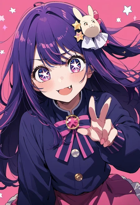 score_9, score_8_up, score_7_up, source_anime, hoshino ai, purple eyes, purple hair, star-shaped pupils, symbol-shaped pupils, 1girl, solo, fang, hair ornament, skirt, blush
