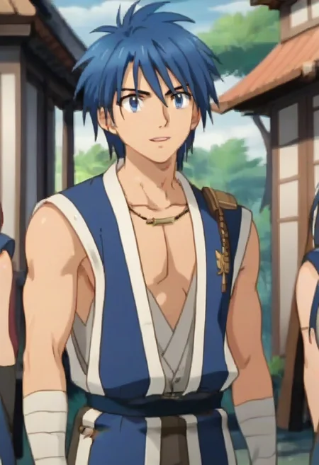((masterpiece)), ((best quality)), ((ultra-detailed)), score_9_up, score_8_up, score_7_up,
HD, top quality, best quality, High-quality illustrations, anime screencap, Gear, blue hair, blue eyes, 1boy, 1male, solo male, male fo us, sleeveless blue outfit, japanese background, ancient japanese
