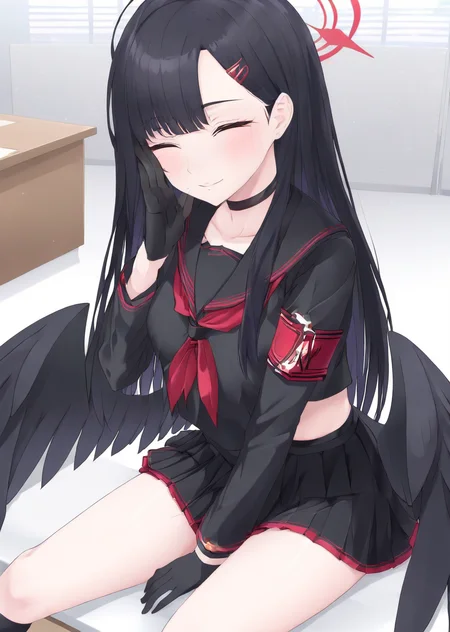 <lora:IchikaXL:0.9> 1girl, armband, bangs, black choker, black hair, black panties, black serafuku, black shirt, black skirt, black socks, black wings, blush, breasts, choker, classroom, closed eyes, gloves, hair ornament, hairclip, halo, long hair, long sleeves, looking at viewer, low wings, lying, medium breasts, open mouth, pleated skirt, pussy, red neckerchief, sailor collar, school uniform, serafuku, shirt, simple background, skirt, solo, white background, wings, high quality, best quality, masterpiece, best rendering, animated by Kyoto Animation, animated by ufotable, animated by A-1 Pictures
