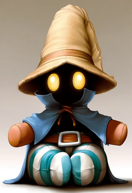 masterpiece, best quality, solo, 1boy, looking at viewer, <lora:Ziggy-illus_Fp:1>, ziggy, yellow eyes, shaded face, faceless, no mouth, wizard hat, striped pants, cloak, robe, gloves, puffy pants, fumo \(doll\), realistic, stuffed toy,