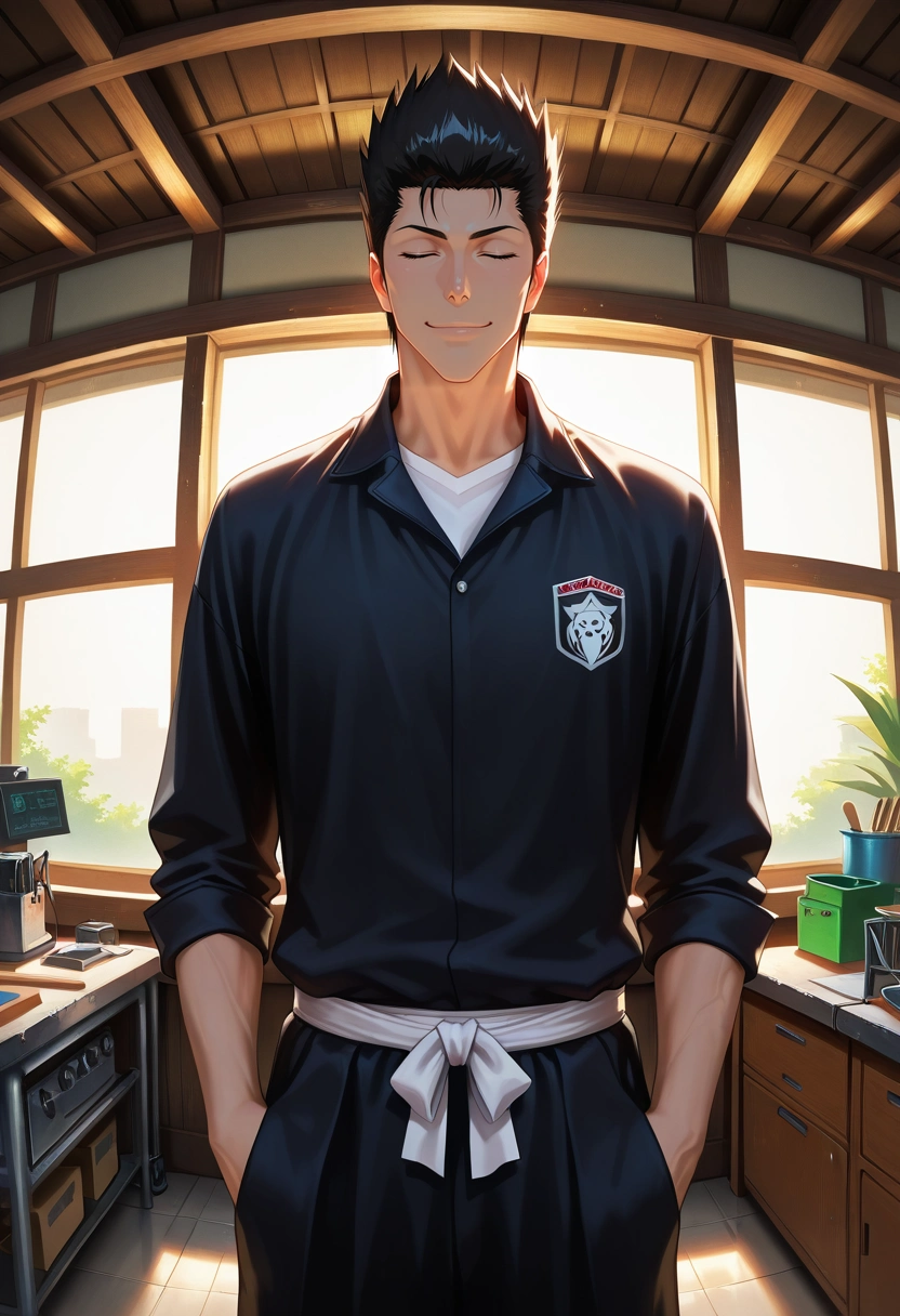 masterpiece, best quality, , semi-realistic, looking at viewer, 1boy, solo, male focus, <lora:isshin_kurosaki_ilxl:0.94>, isshin_kurosaki, black hair, black eyes, short hair, spiked hair, , panorama, workshop, indoors, light, (pose), (closed eyes:1.2), smile,