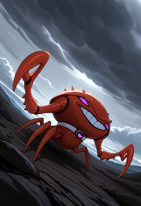 masterpiece, best quality, amazing quality, very aesthetic, absurdres, newest,
brainstorm, solo, teeth, no humans, pokemon (creature), , clenched teeth,  crab, crab claws, , , collar,, full body, spider legs, lobster claws, chela, 
massive crab claws, massive lobster claws, smile, tilted angle, rainsy night, gloomy sky, greay sky, heavy clouds,