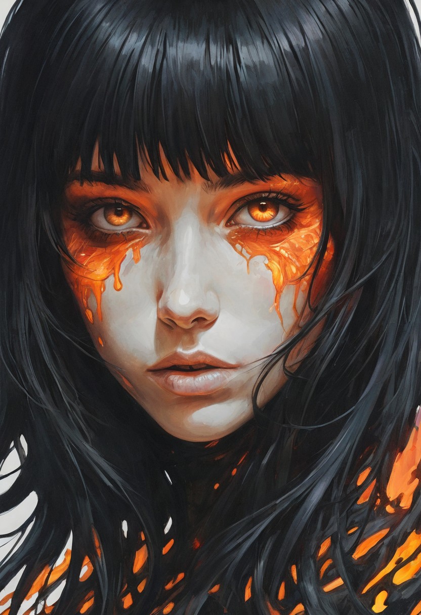 Illustration by Katsuhiro Otomo, A surreal close-up of a beautiful caucasian woman 20 years old, bob long hair black hair and white bangs; face where the skin appears to crack open like ceramic, revealing molten lava underneath. The cracks are glowing bright orange, and the person's eyes have an intense, fiery glow. The hair is a smoky black, with embers flickering at the tips. The lighting is dramatic, casting harsh shadows that enhance the molten effect. The atmosphere is otherworldly and intense, with a burning, apocalyptic feel.    <lora:FLUX-daubrez-DB4RZ:0.83> DB4RZ, DB4RZ style painting, <lora:ILLUSTRATION_2_FLUX v2:0.53> <lora:Fantastic Realism - s0_8 g4:0.43> f4nt4st1c,
