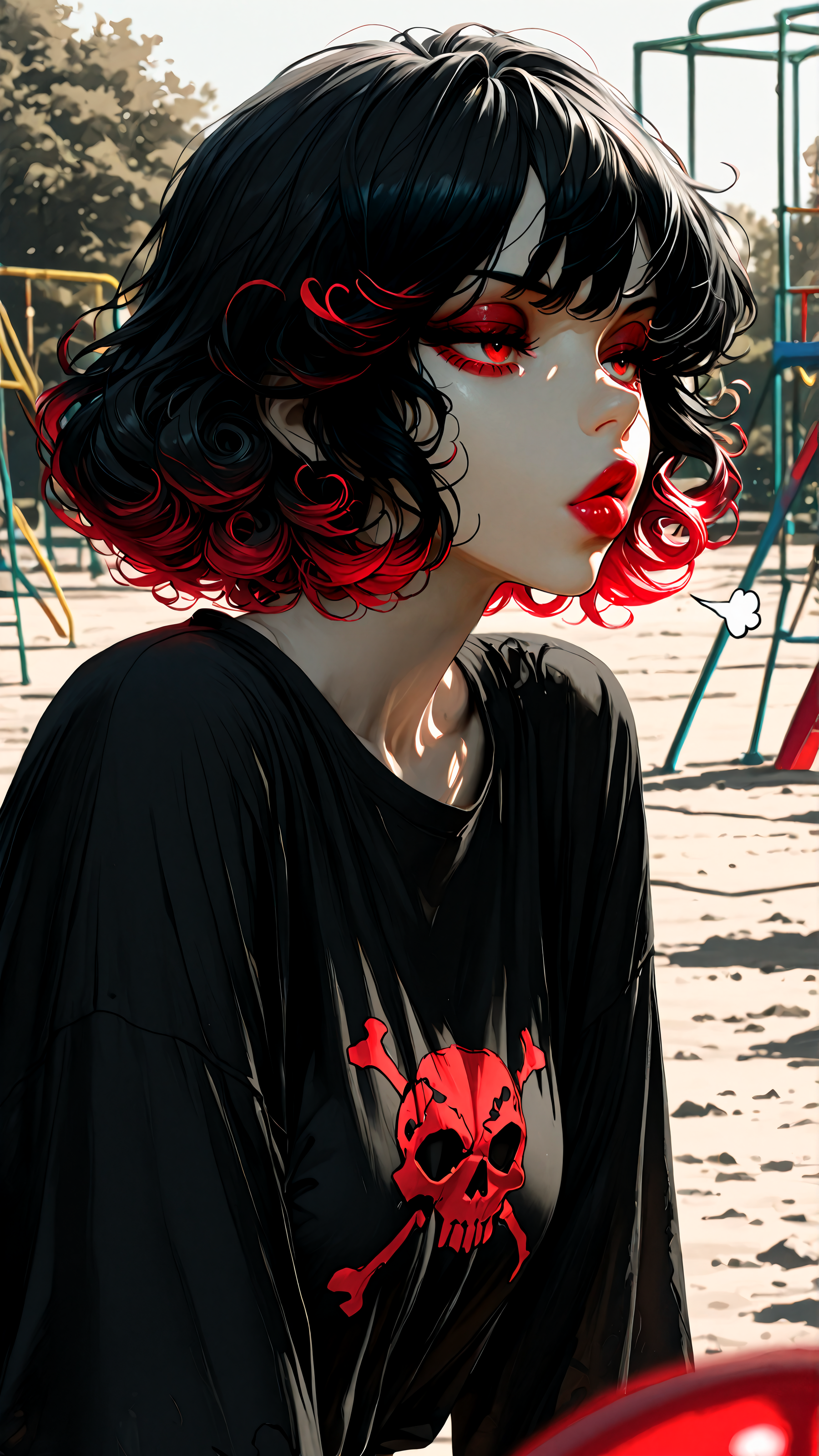 masterpiece, newest,absurdres,incredibly absurdres, best quality, amazing quality, very aesthetic, muted color, anime coloring, 
1girl, puckered lips, black shirt, red skull print, short hair, curly hair, wavy ends, colored tips, sigh, red lips, blurry foreground, playground,
 <lora:Face_Enhancer_Illustrious:0.6>  <lora:HyperdetailedIllustrationIll:0.5>